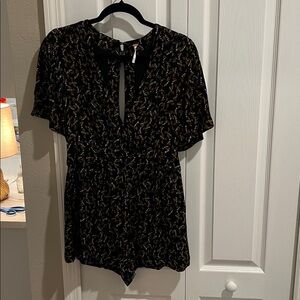 Free People Black Floral V-Neck Romper with Multicolor Print